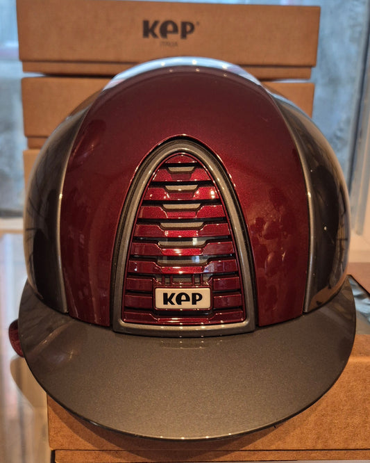 KEP Cromo 2.0 Grey Polish Riding Hat with Burgandy Front & Back Panel and Strap - Medium Shell