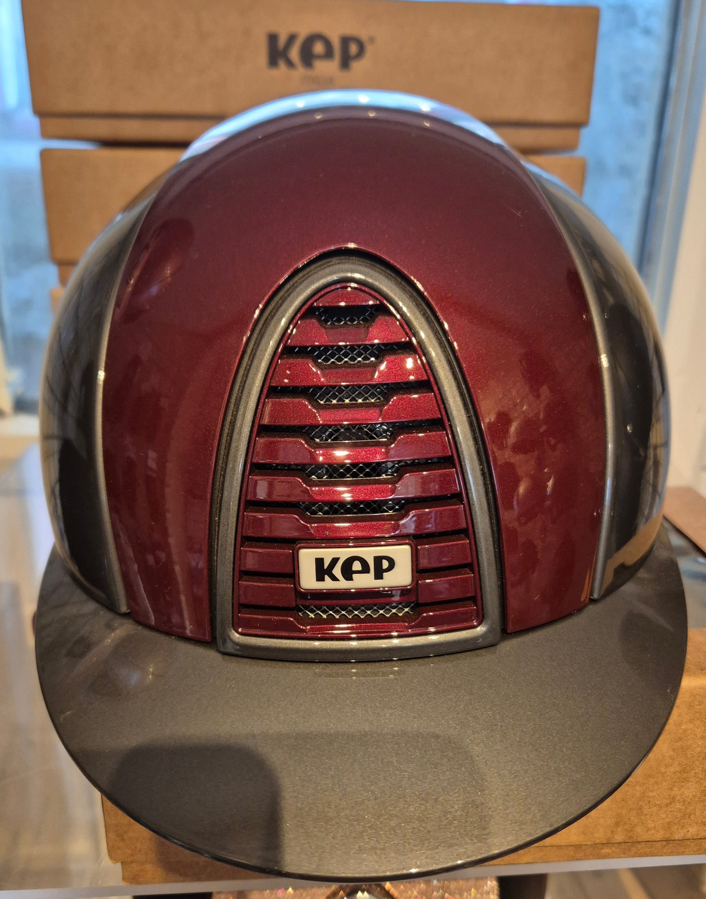 KEP Cromo 2.0 Grey Polish Riding Hat with Burgandy Front & Back Panel and Strap - Medium Shell