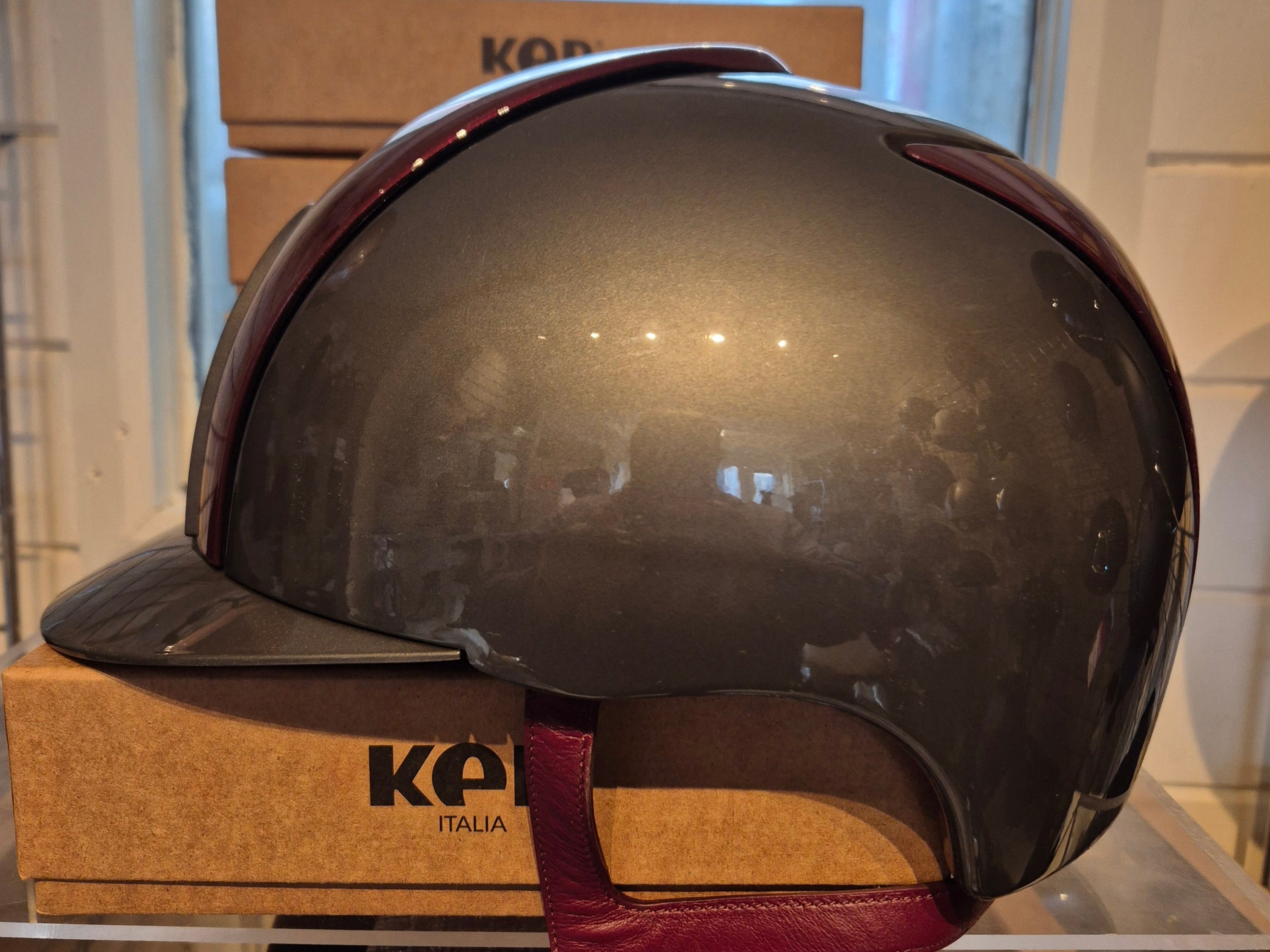 KEP Cromo 2.0 Grey Polish Riding Hat with Burgandy Front & Back Panel and Strap - Medium Shell