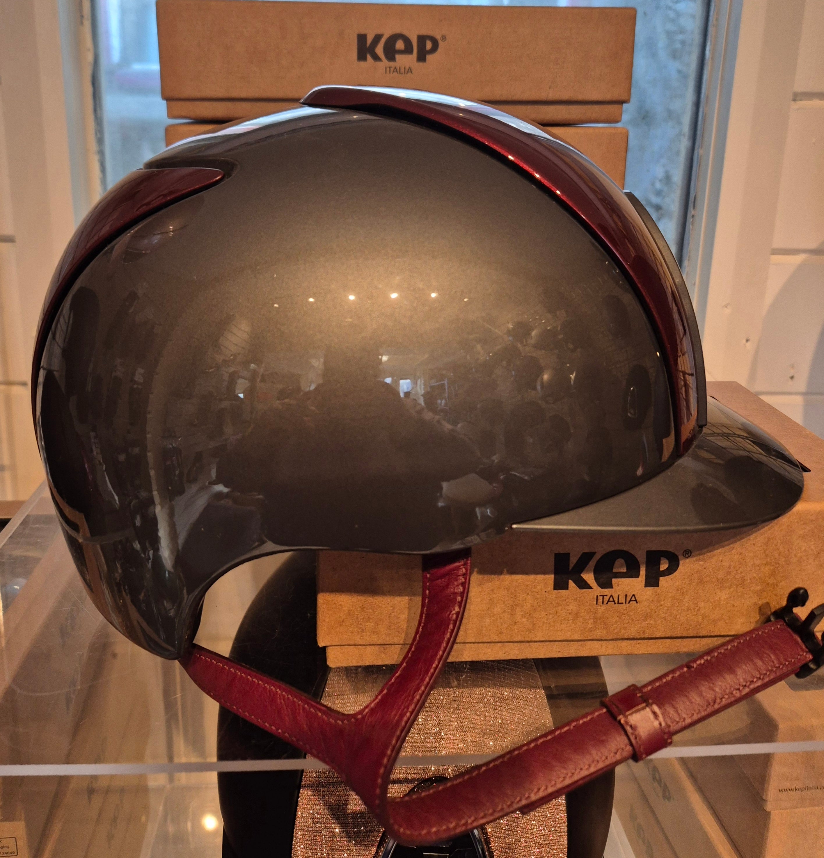 KEP Cromo 2.0 Grey Polish Riding Hat with Burgandy Front & Back Panel and Strap - Medium Shell