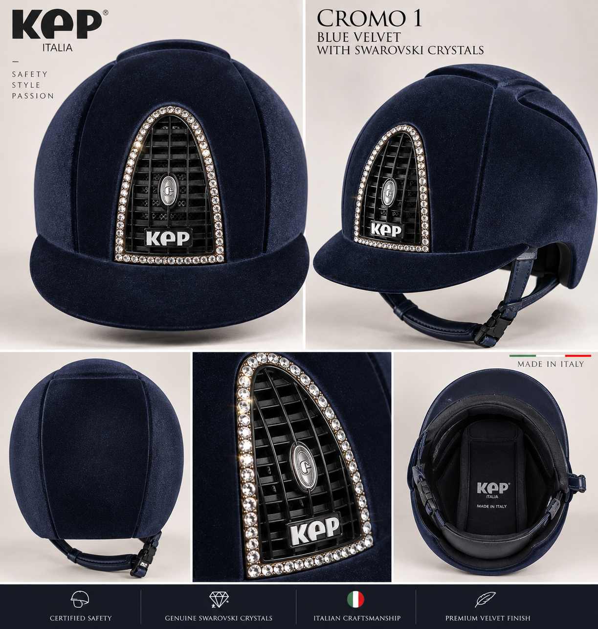 KEP Italia Cromo 1 Navy Velvet Riding Hat with Swarovski Crystal Detailing- medium shell