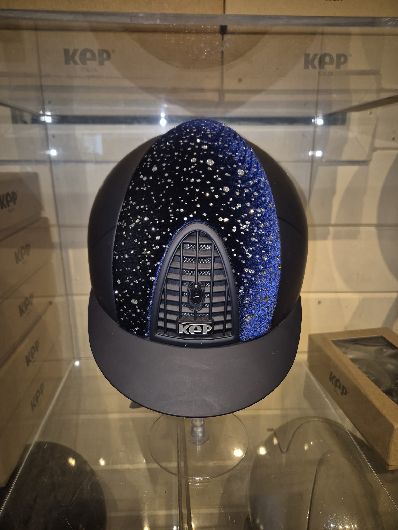 KEP Helmet Cromo 1 Blue Matt, Velvet Swarovski Front Panel - Medium Shell