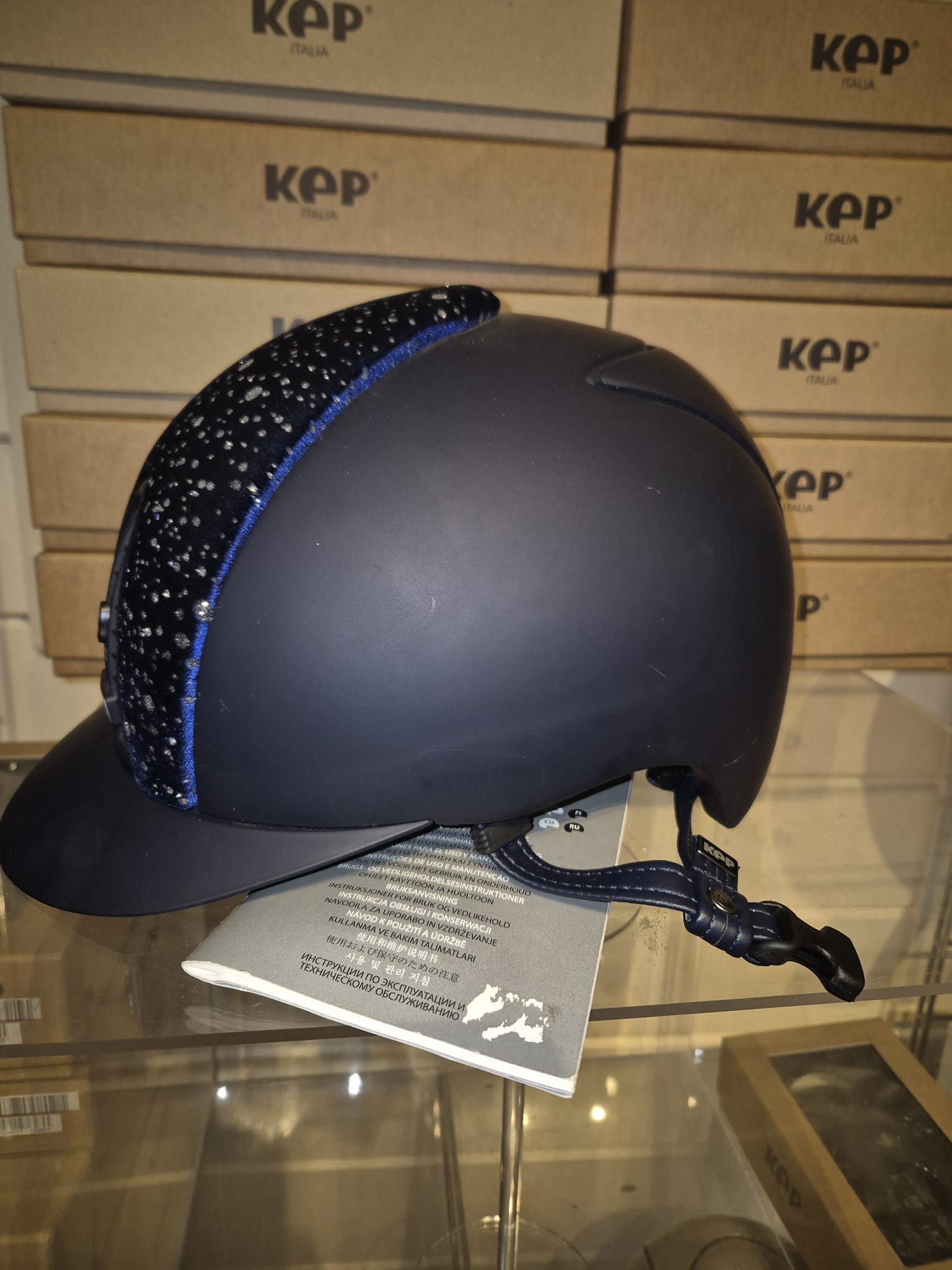 KEP Helmet Cromo 1 Blue Matt, Velvet Swarovski Front Panel - Medium Shell